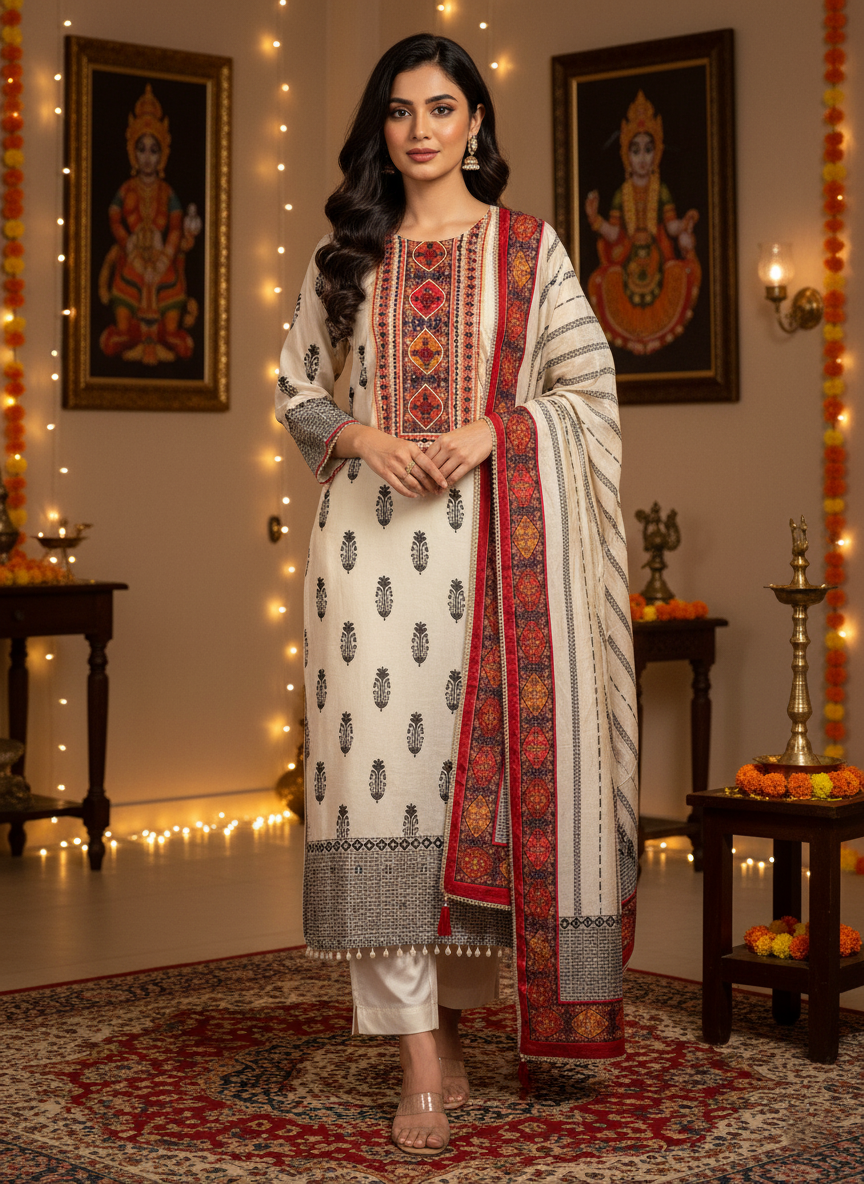 Silk Printed 3 piece Suit with glass work