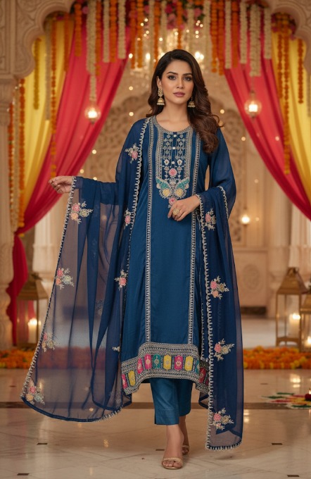  Blue Chiffon embroidery Ethnic Set