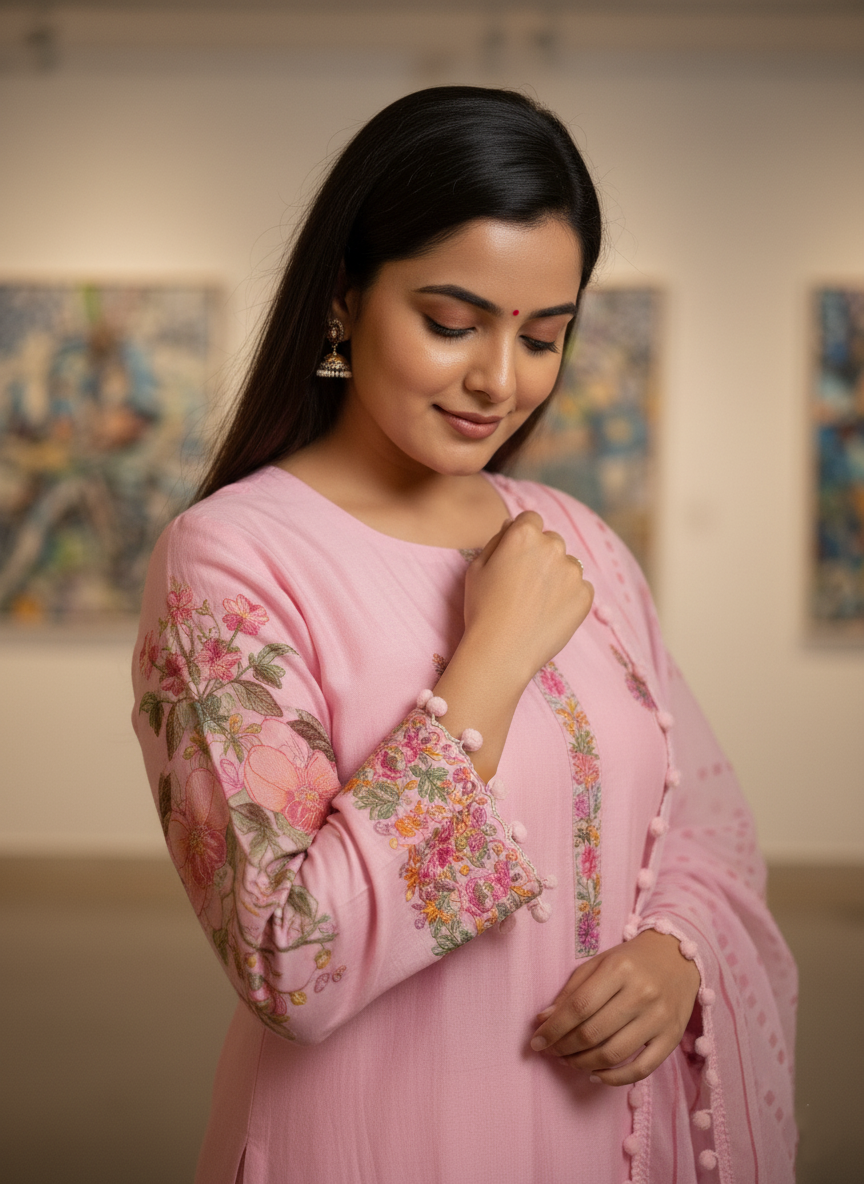 Embroidered Silk Cotton Pink Kurta Set