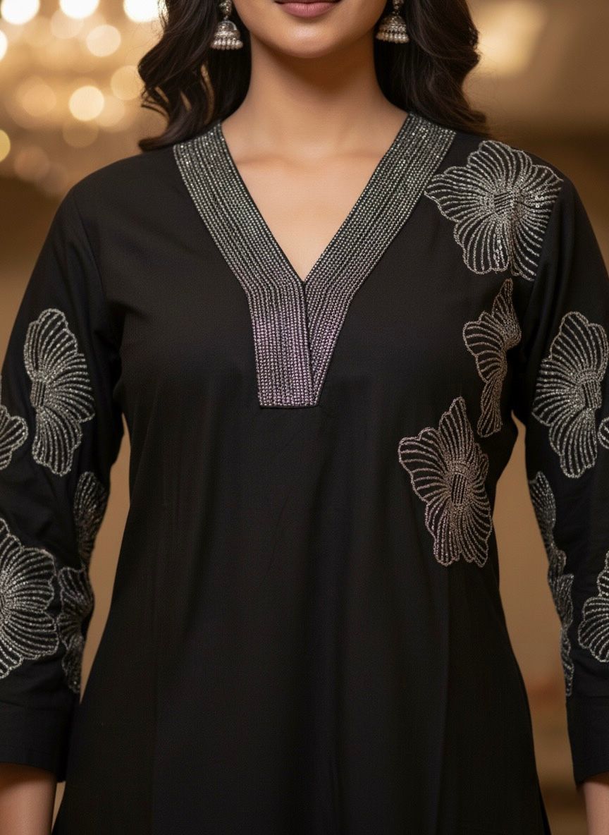 Elegant Black Embroidered Kurti Set