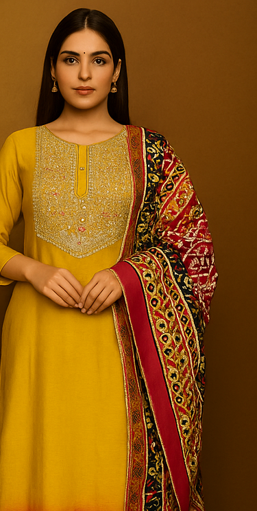 Embroidered Silk Yellow Ombre 3 piece Set