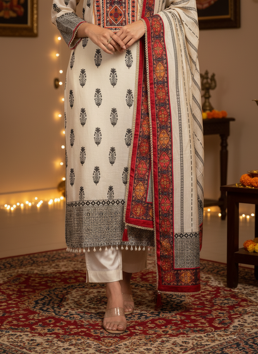 Silk Printed 3 piece Suit with glass work
