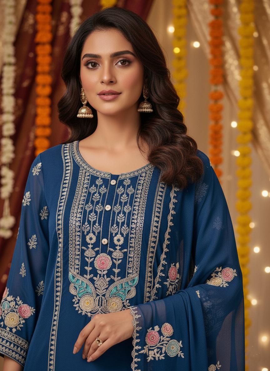  Blue Chiffon embroidery Ethnic Set
