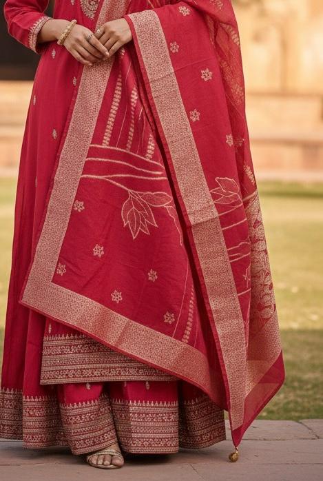 Traditional Pink Red Silk Cotton Embroidered Suit