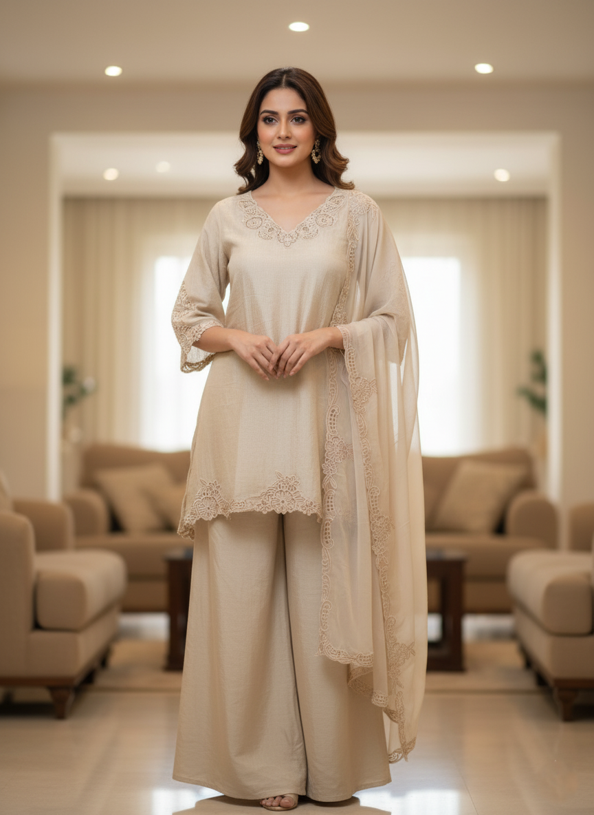 Crepe Silk Beige Three-Piece Palazzo