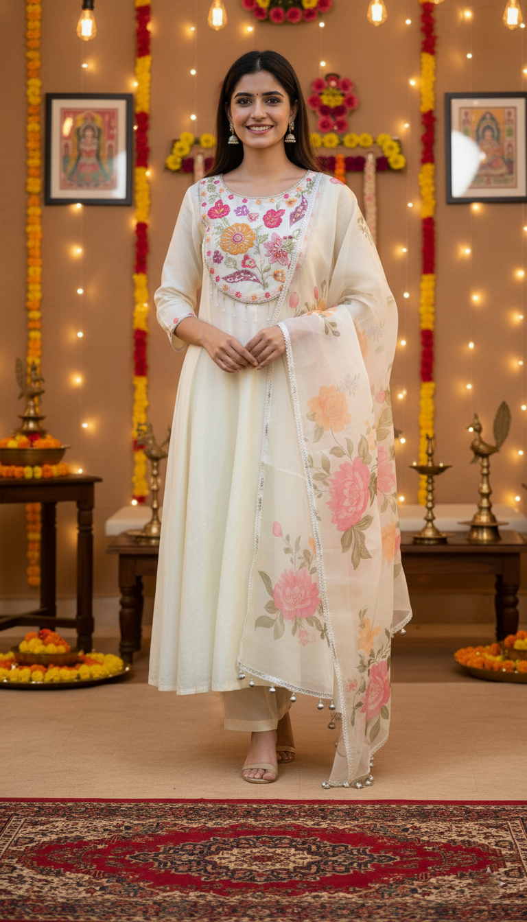 Mul-Chanderi Floral Embroidered White Anarkali Set