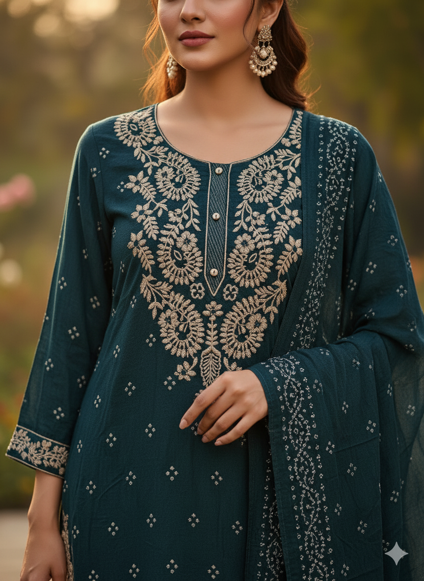 Teal Mul Cotton White Embroidered Kurta