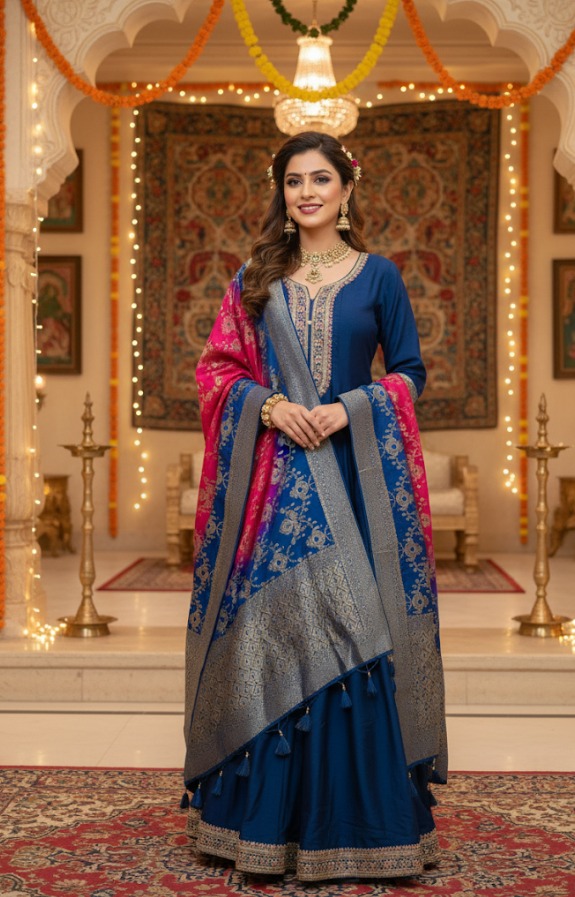 Blue Silk Embroidered Anarkali with Gradient Dupatta
