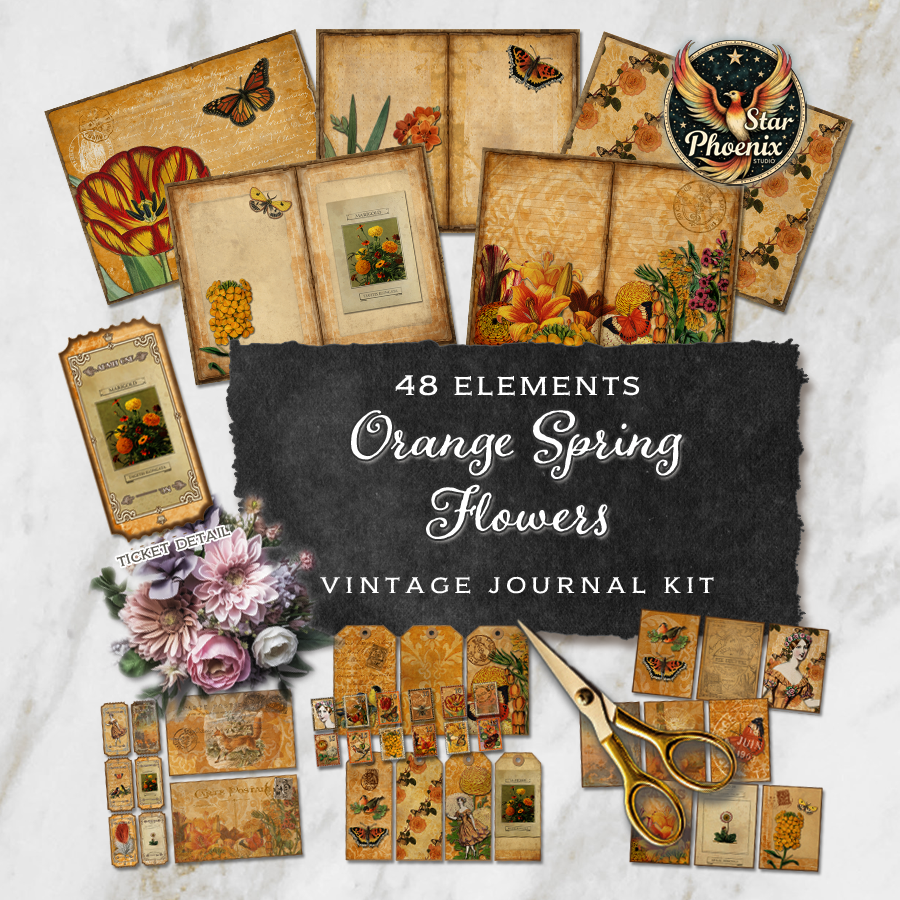 Vintage Orange Spring Flowers Printable Journal Kit