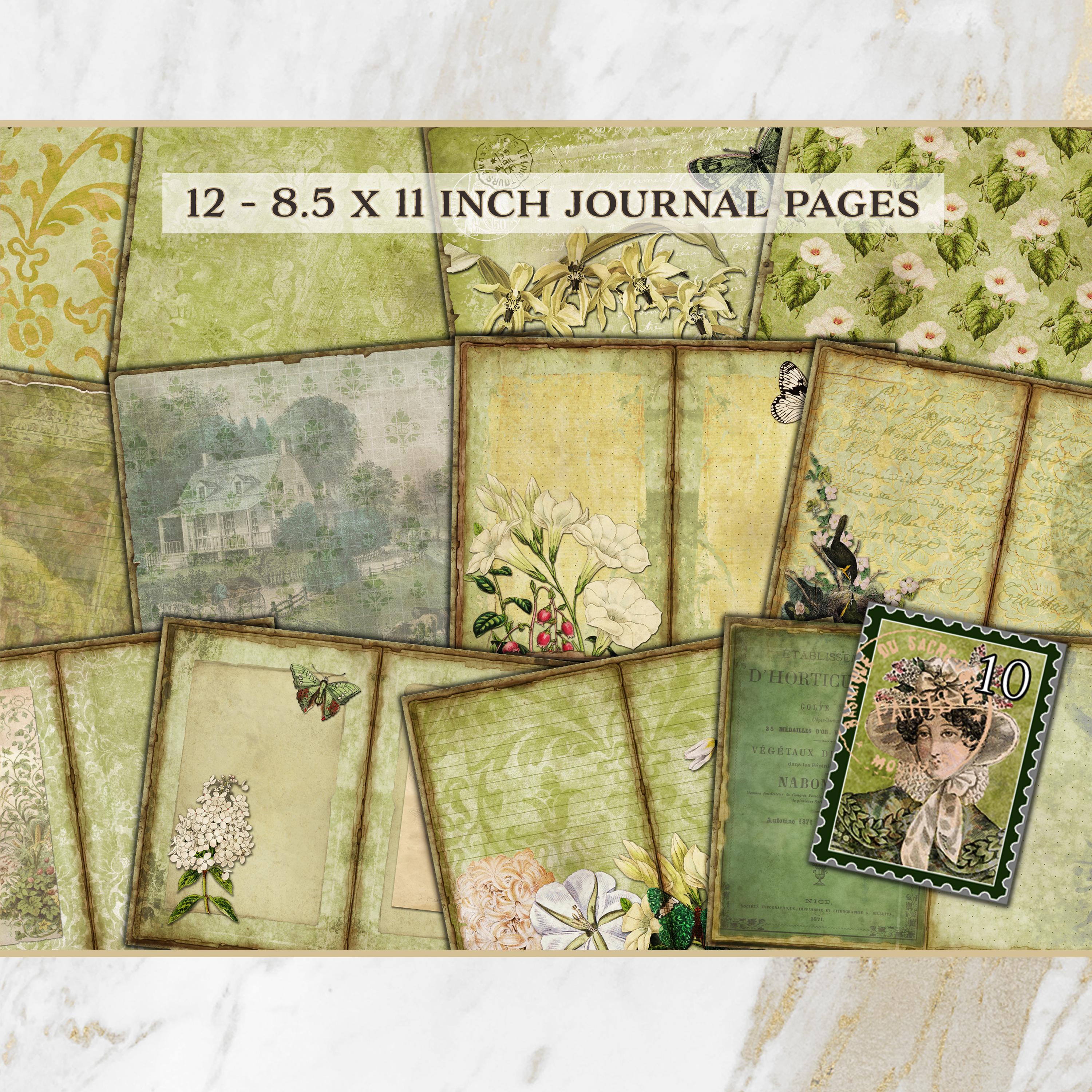  Vintage Green Spring Flowers Printable Journal Kit