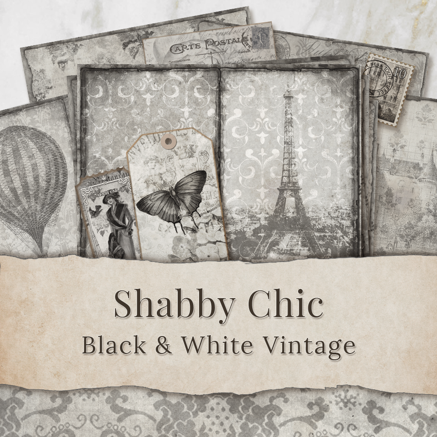 Black & White Vintage Shabby Chic Printable Journal Kit