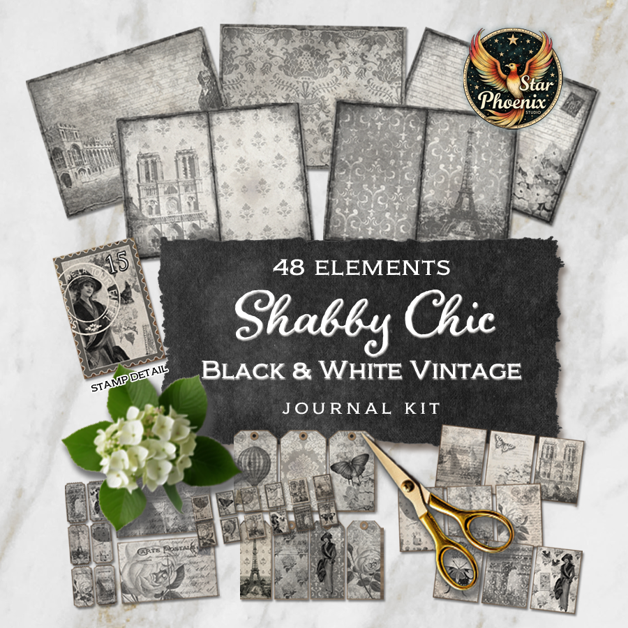 Black & White Vintage Shabby Chic Printable Journal Kit
