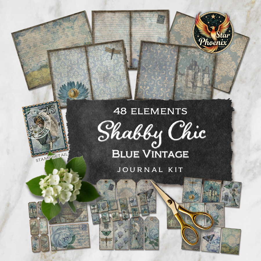 Blue Vintage Shabby Chic Printable Journal Kit