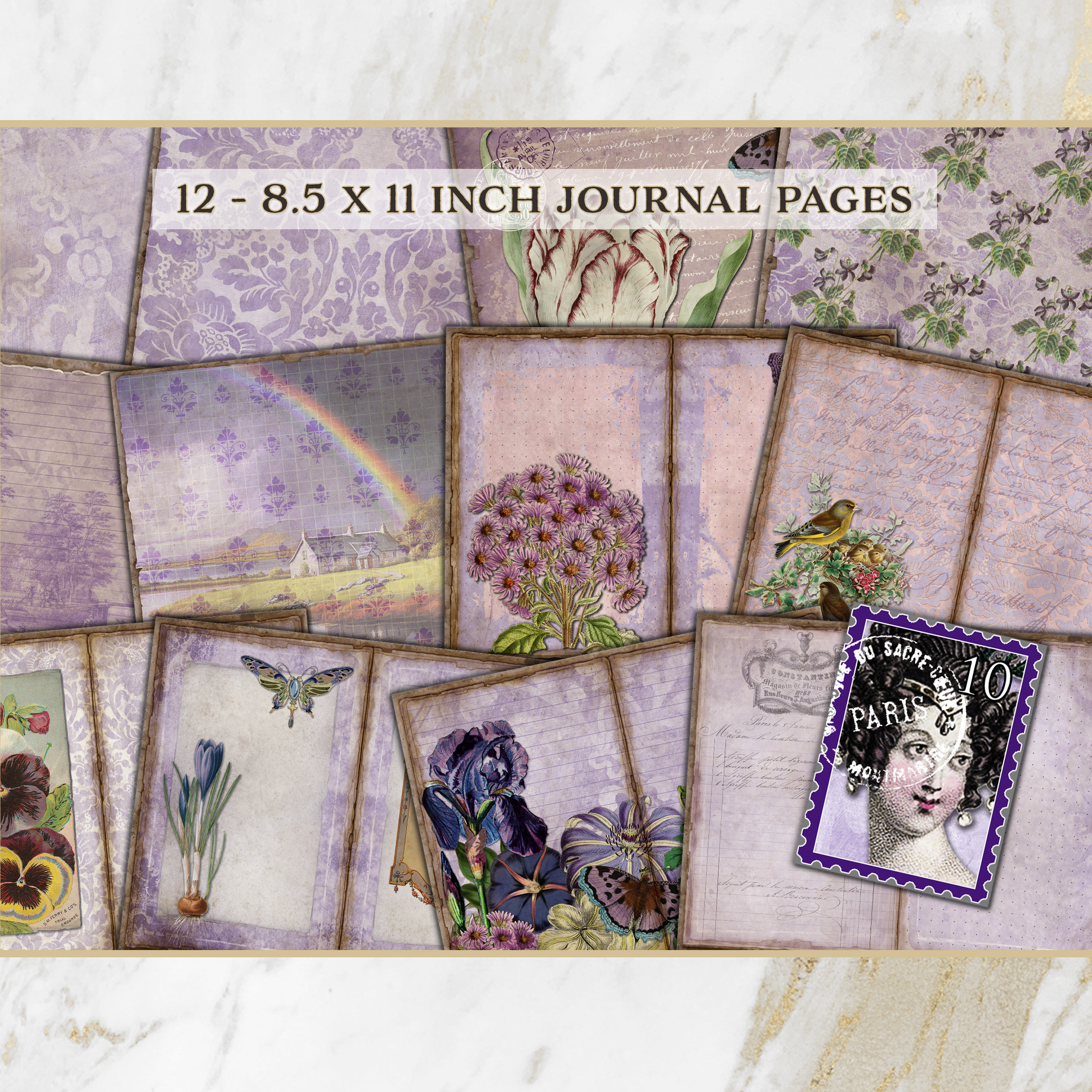 Vintage Purple Spring Flowers Printable Journal Kit