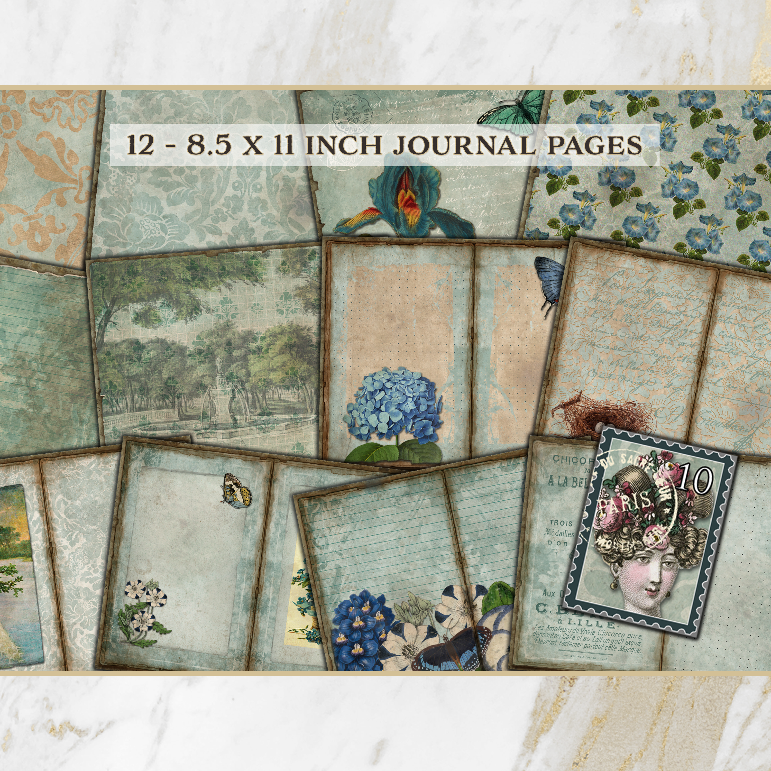 Vintage Blue Spring Flowers Printable Journal Kit