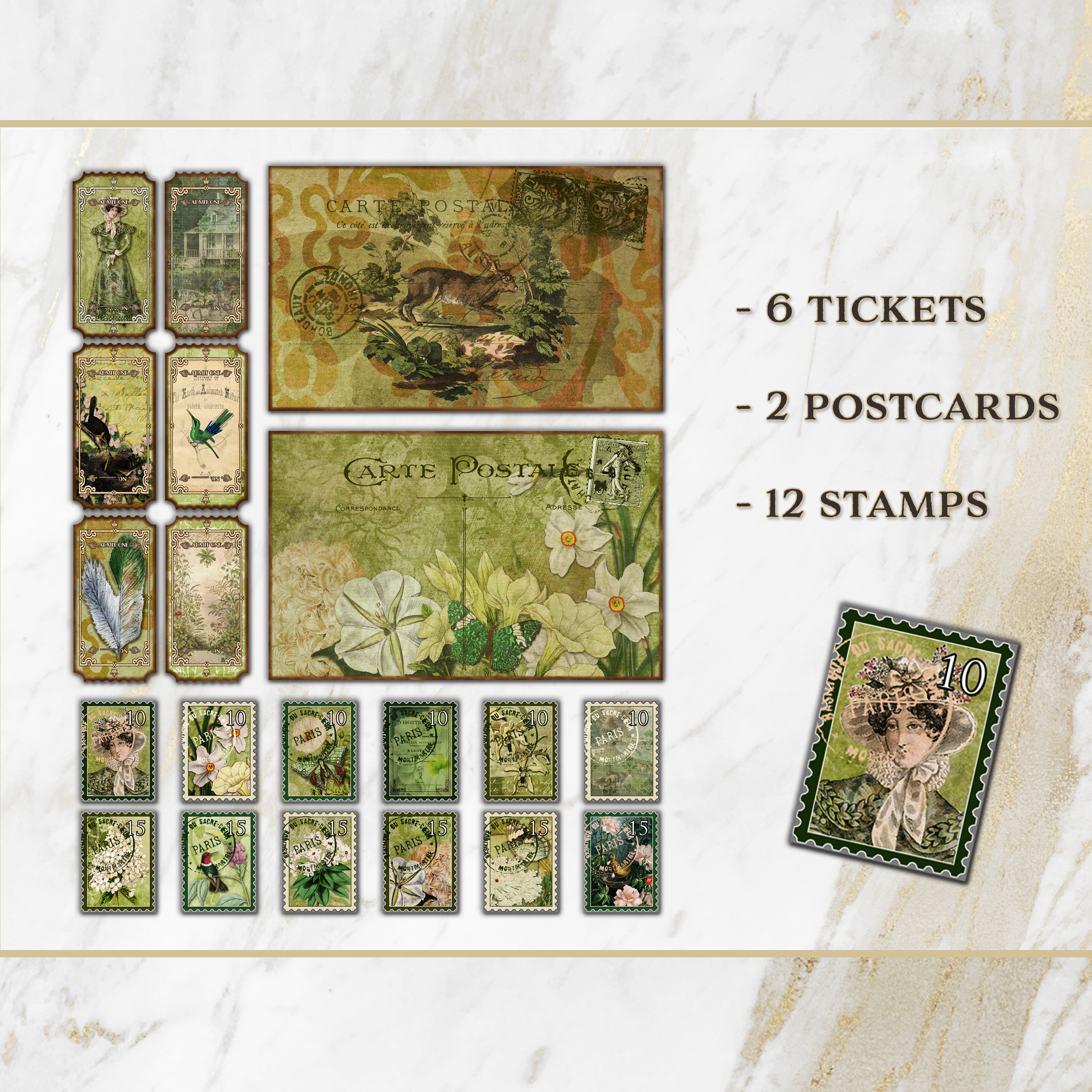  Vintage Green Spring Flowers Printable Journal Kit