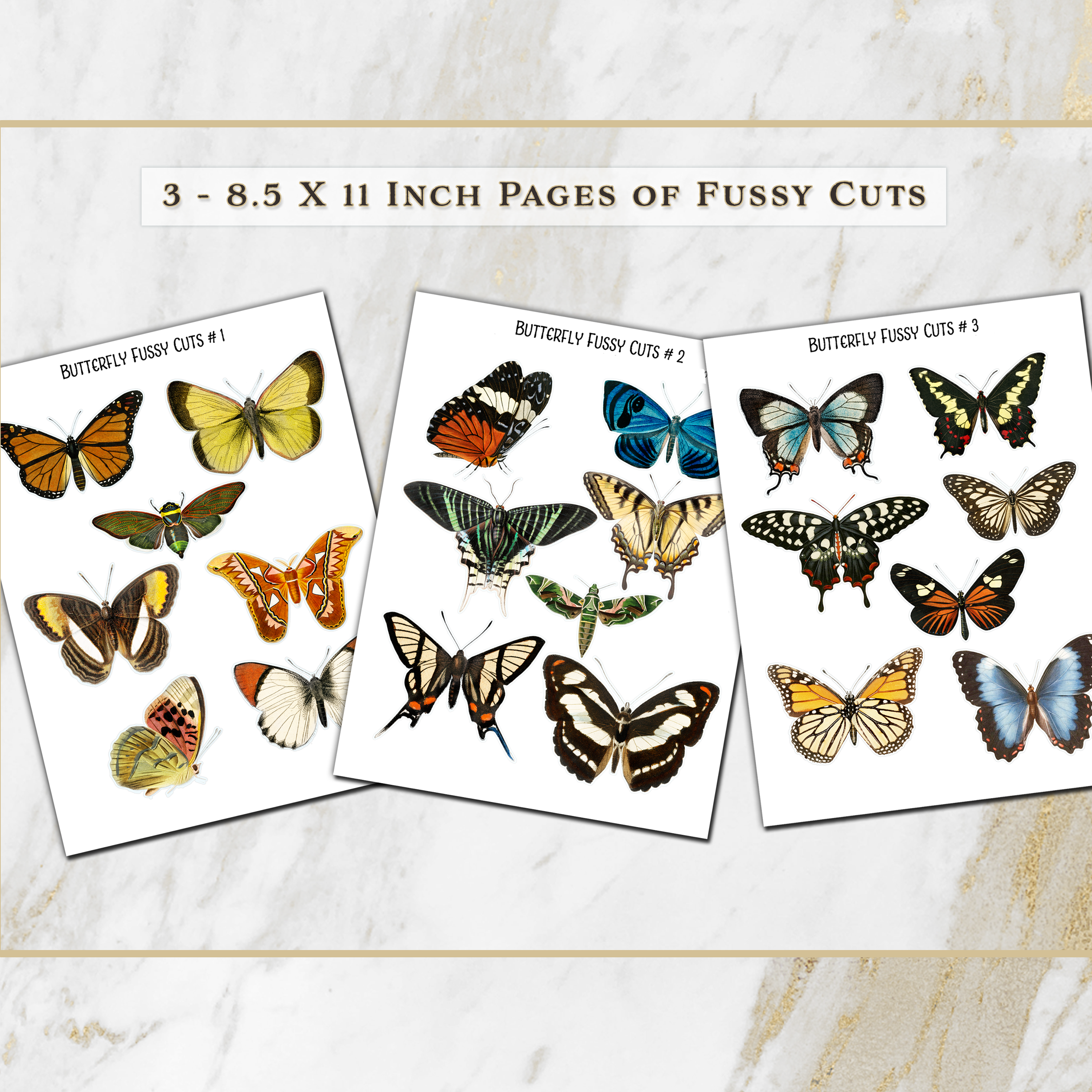 Vintage Butterfly Printable Ephemera – 21 Fussy Cut Elements