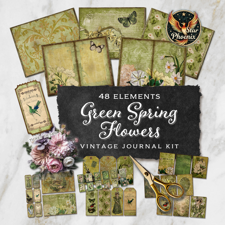 Vintage Green Spring Flowers Printable Journal Kit