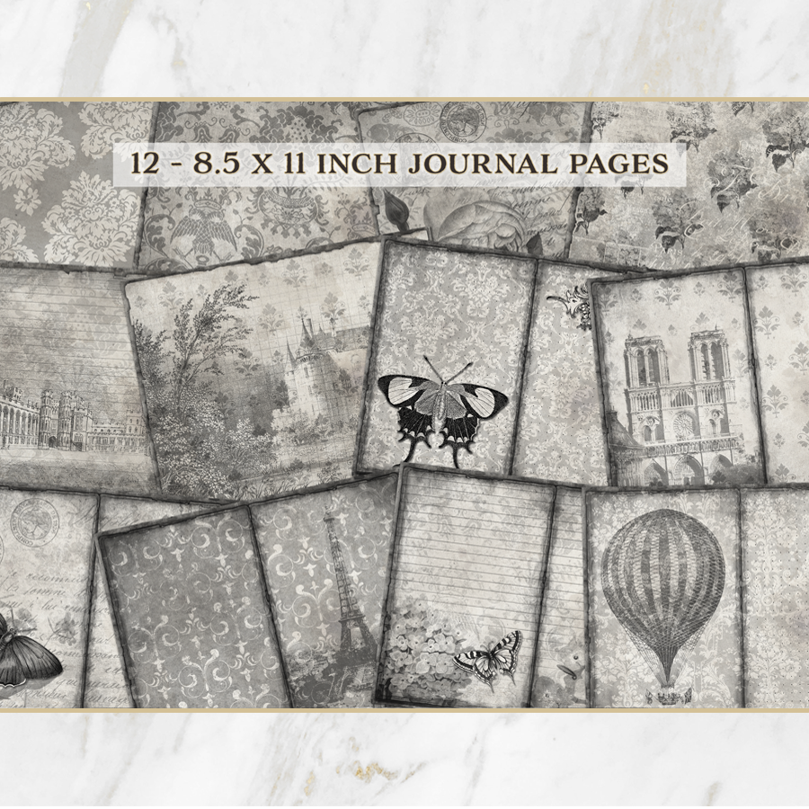 Black & White Vintage Shabby Chic Printable Journal Kit