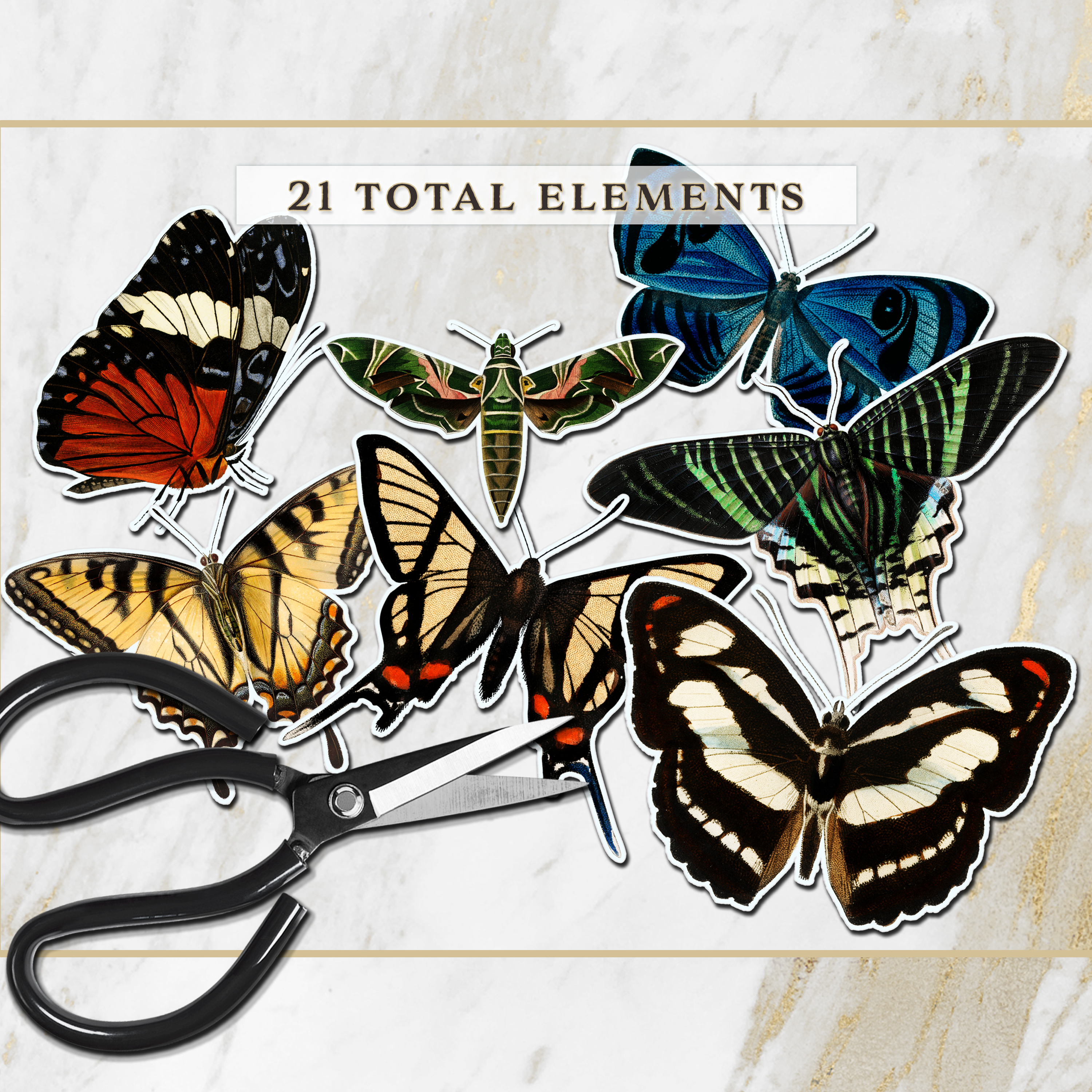 Vintage Butterfly Printable Ephemera – 21 Fussy Cut Elements