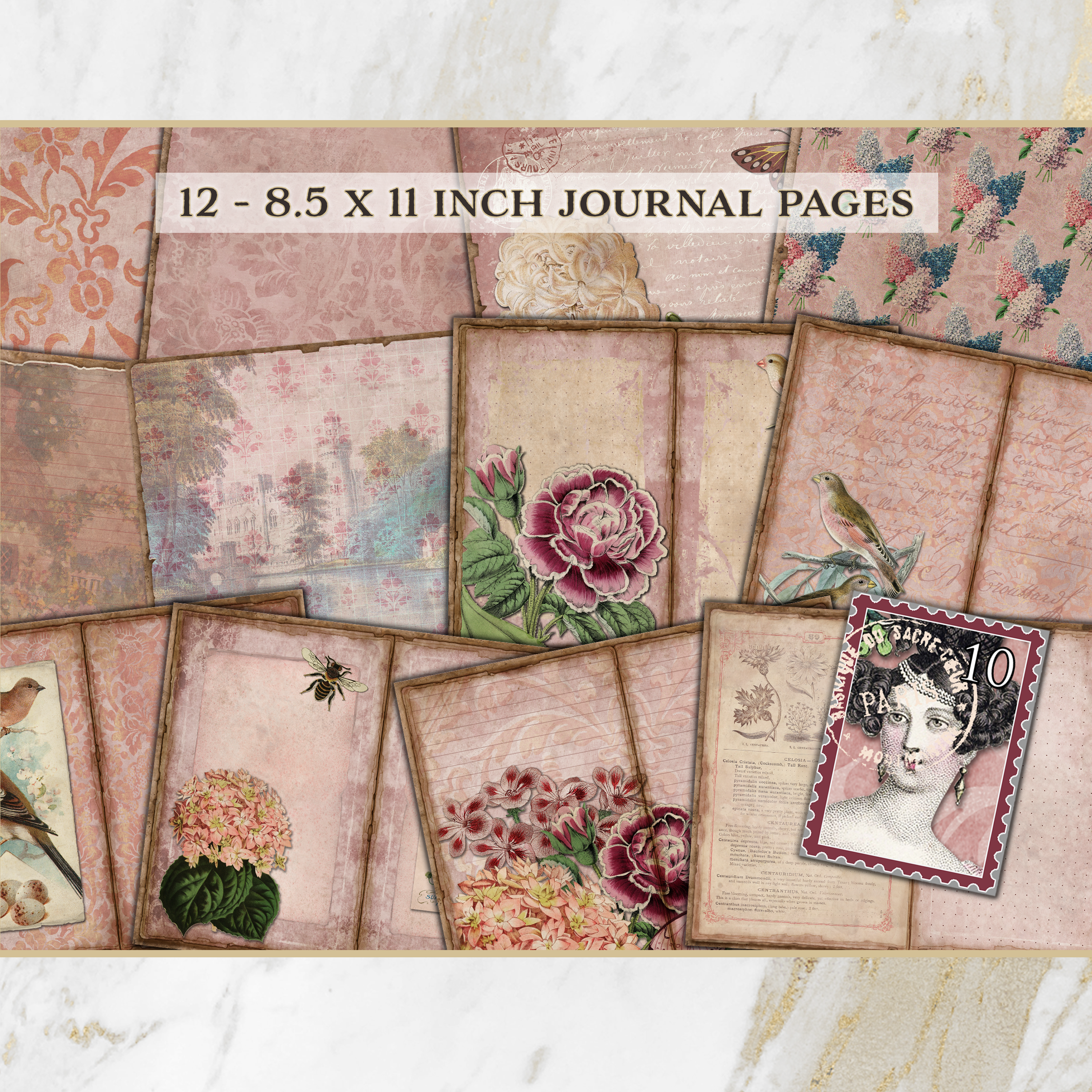 Vintage Pink Spring Flowers Printable Journal Kit