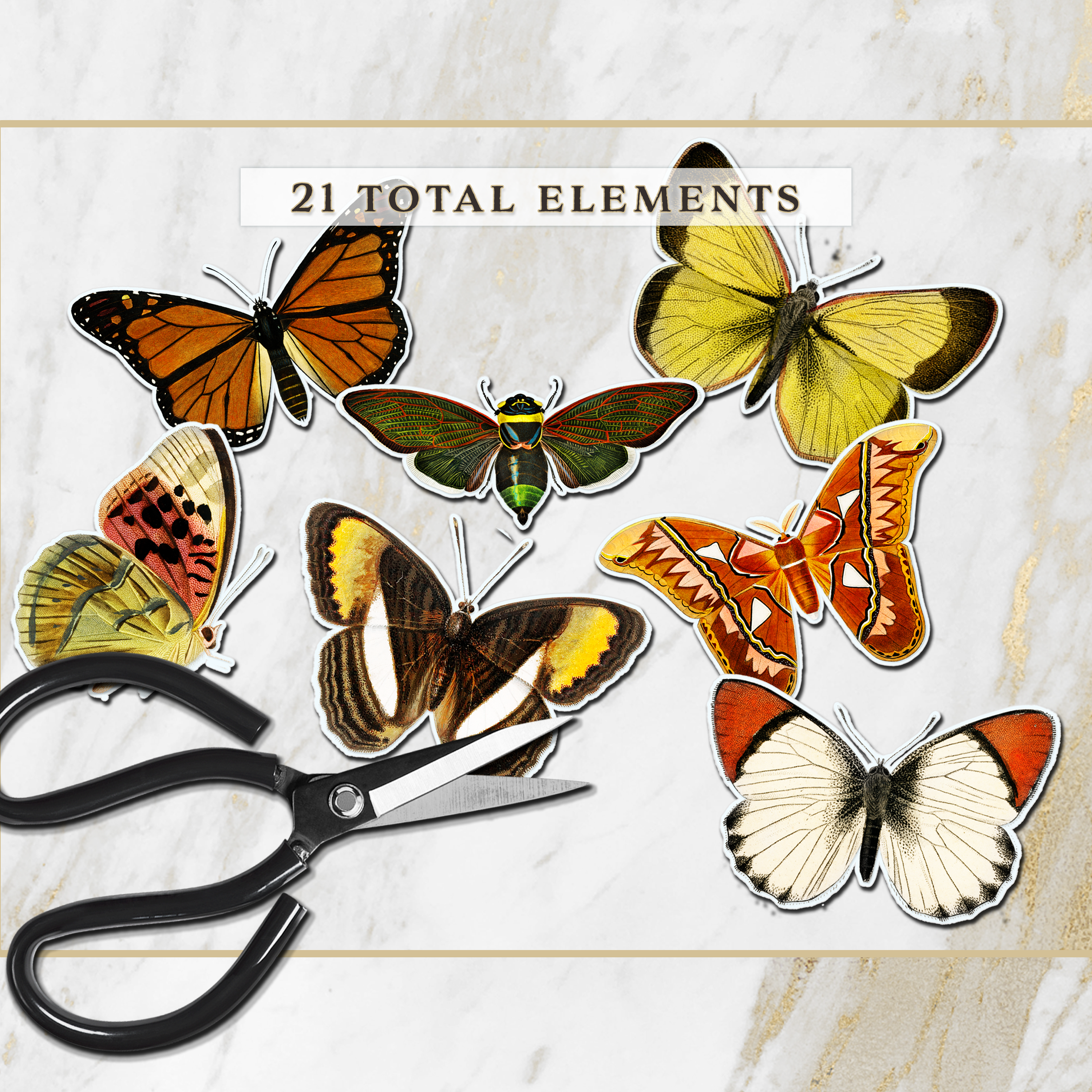 Vintage Butterfly Printable Ephemera – 21 Fussy Cut Elements
