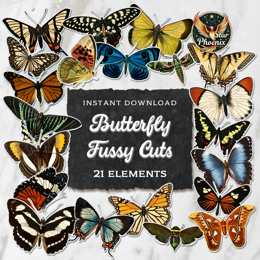 Vintage Butterfly Printable Ephemera – 21 Fussy Cut Elements