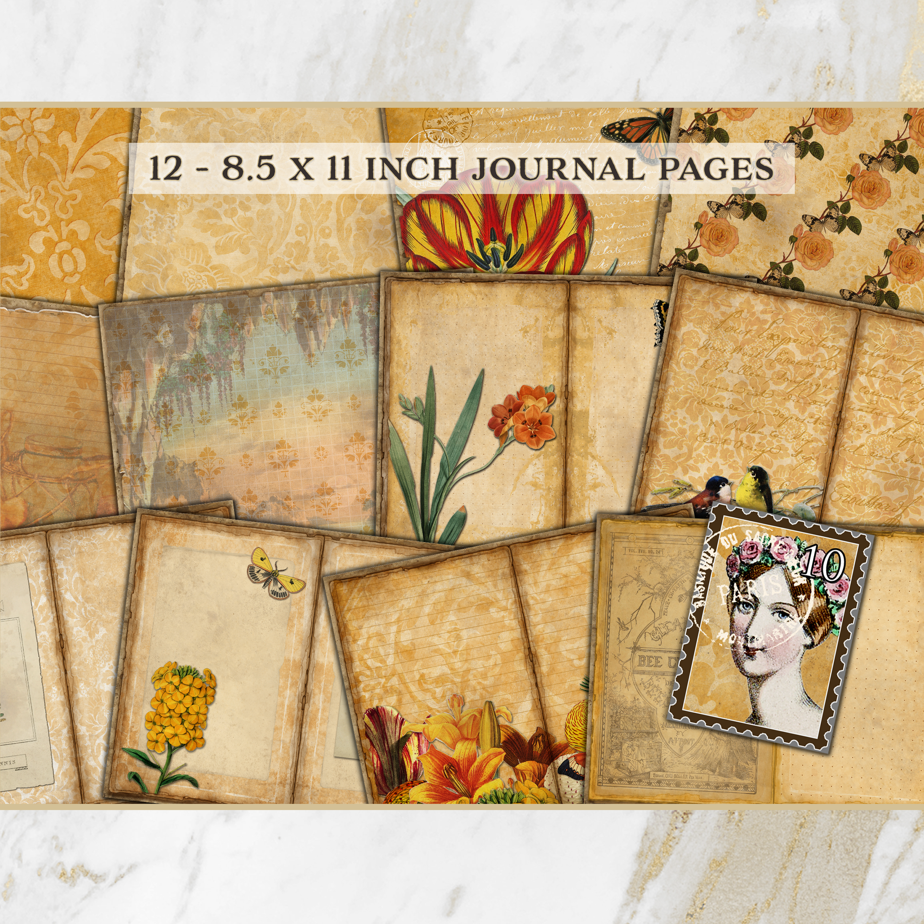 Vintage Orange Spring Flowers Printable Journal Kit