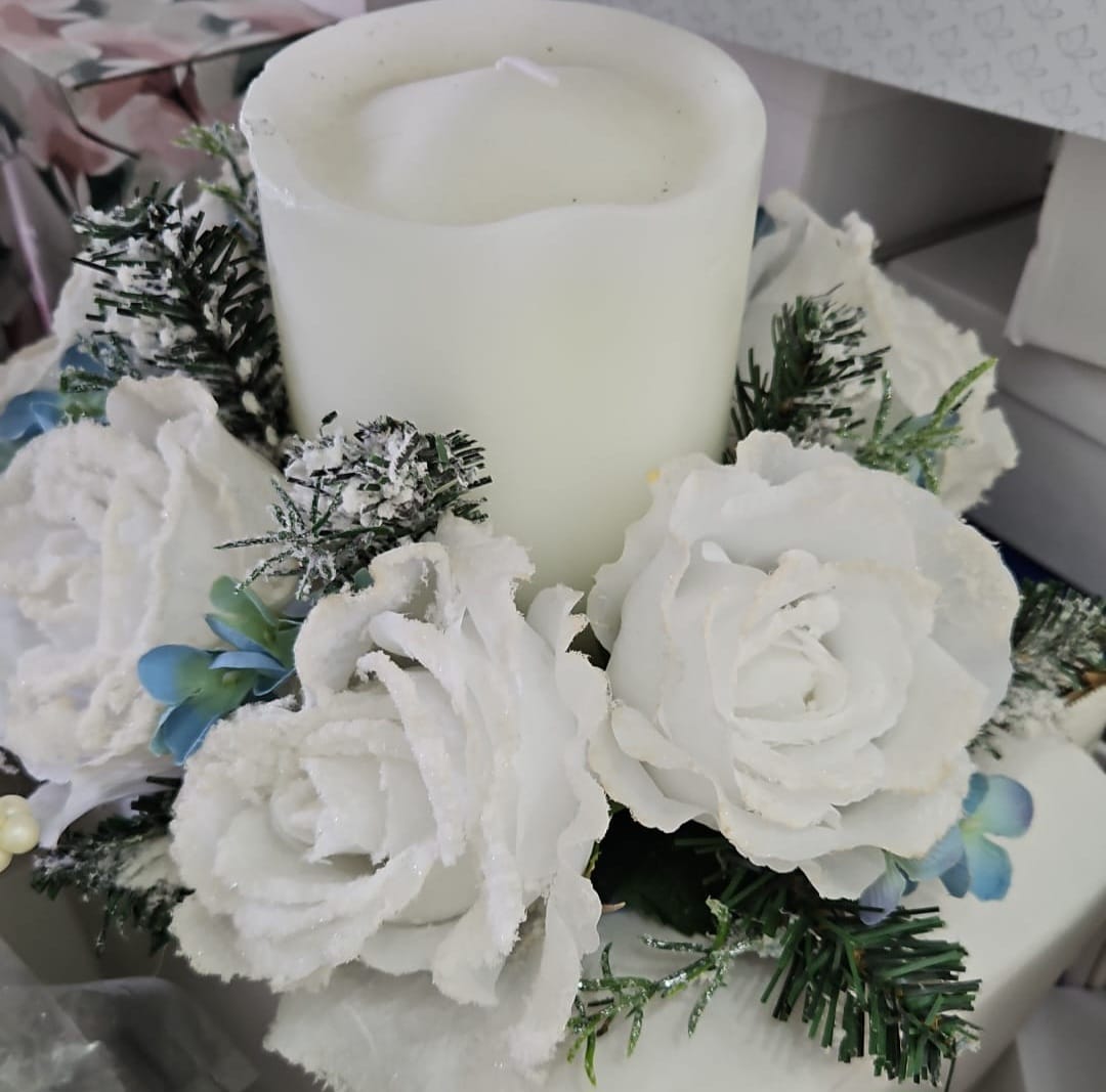 Decorative White Candle with Floral Arrangement