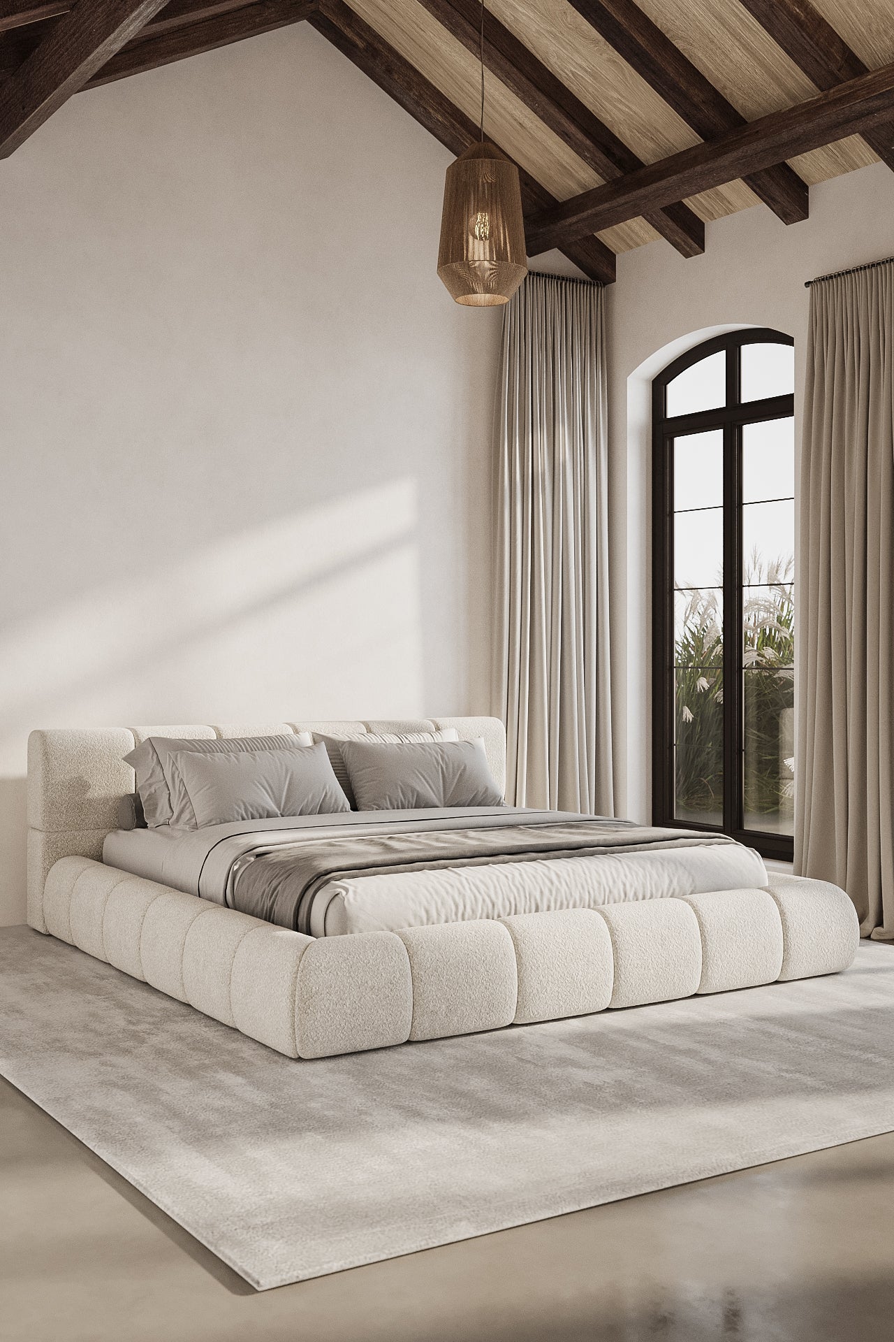 Mirela Off White Velvet Upholstered Platform Bed