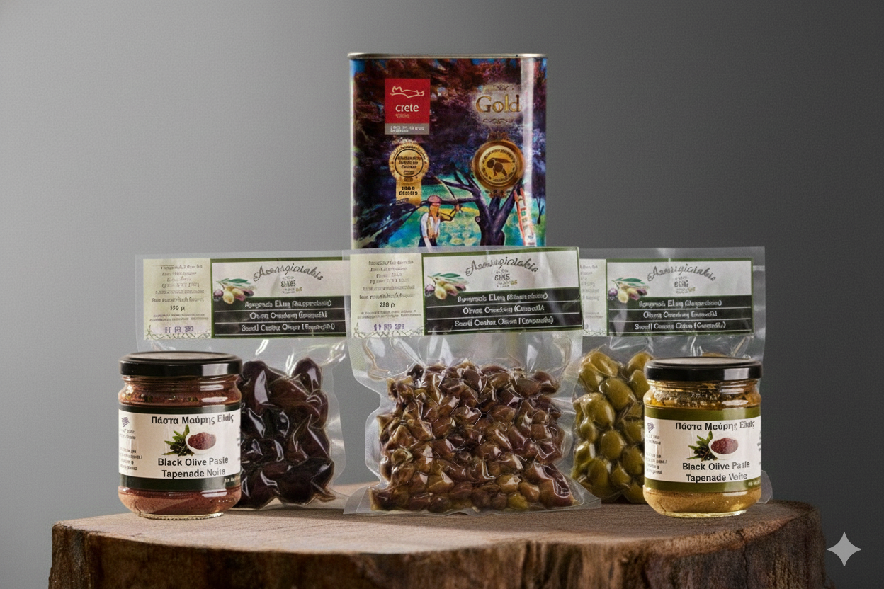 Huile d'olive 1l + tapenade + 1 paquet d'olives