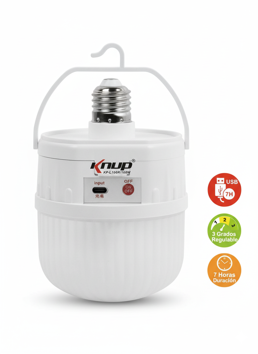 Bombilla LED Recargable Portátil KNUP KP-L100R/160W - Luz de Emergencia y Camping con 3 Modos