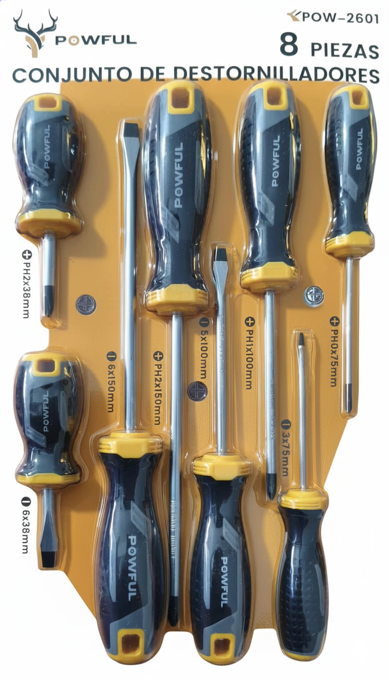 Juego de Destornilladores POWFUL de 8 Piezas | Puntas Phillips y Planas | Herramientas Esenciales para el Hogar y Taller