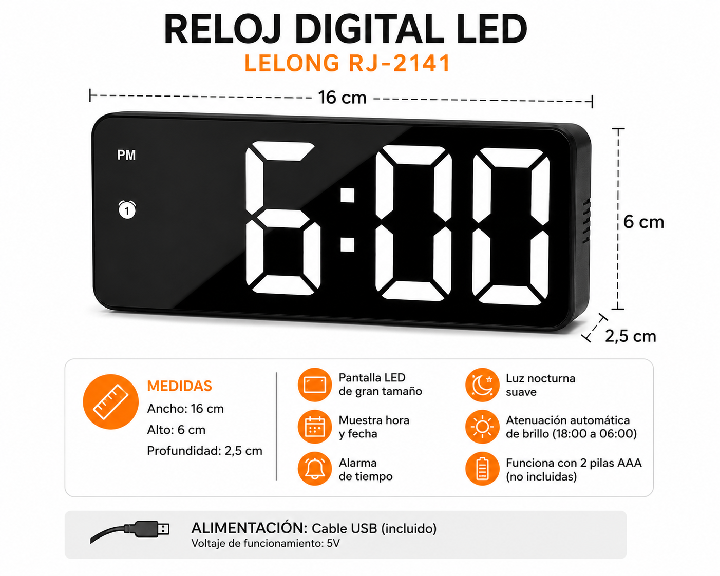 Reloj Digital LED LeLong RJ-2141 | Alarma, Fecha y Luz Nocturna 