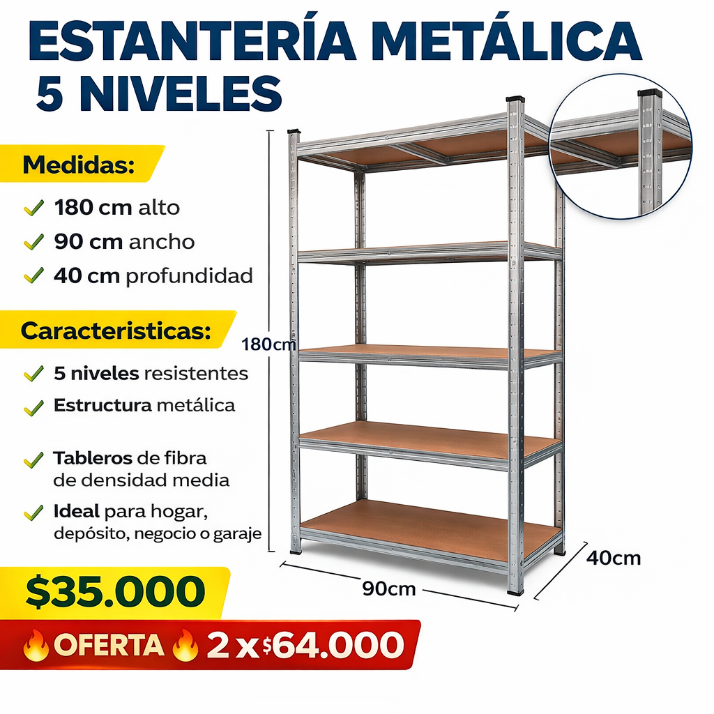 Estantería Metálica 5 Niveles - 180x90x40 cm