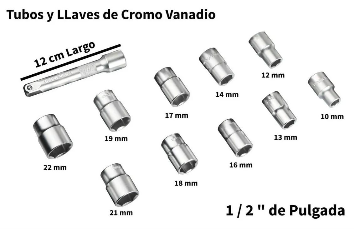 Set Tubos Llave Crique 1 / 2 Pulgada 12 Piezas Cromo Vanadio