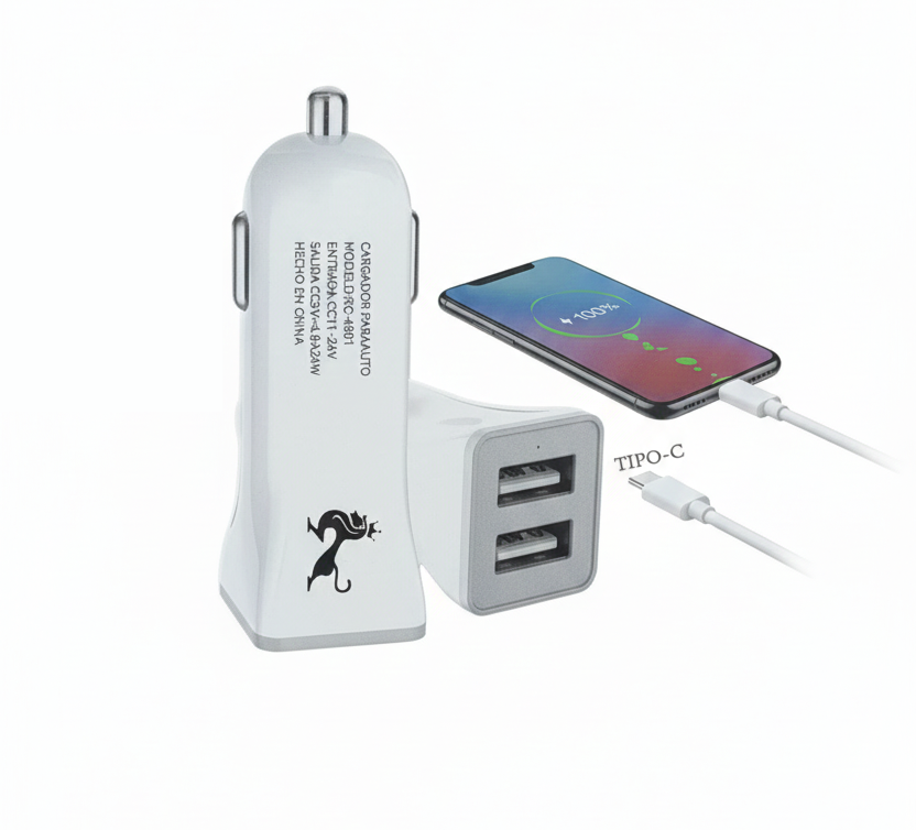 Cargador de Auto Royalcell 4.8A - Doble USB - Carga Rápida Tipo-C - RC-4801