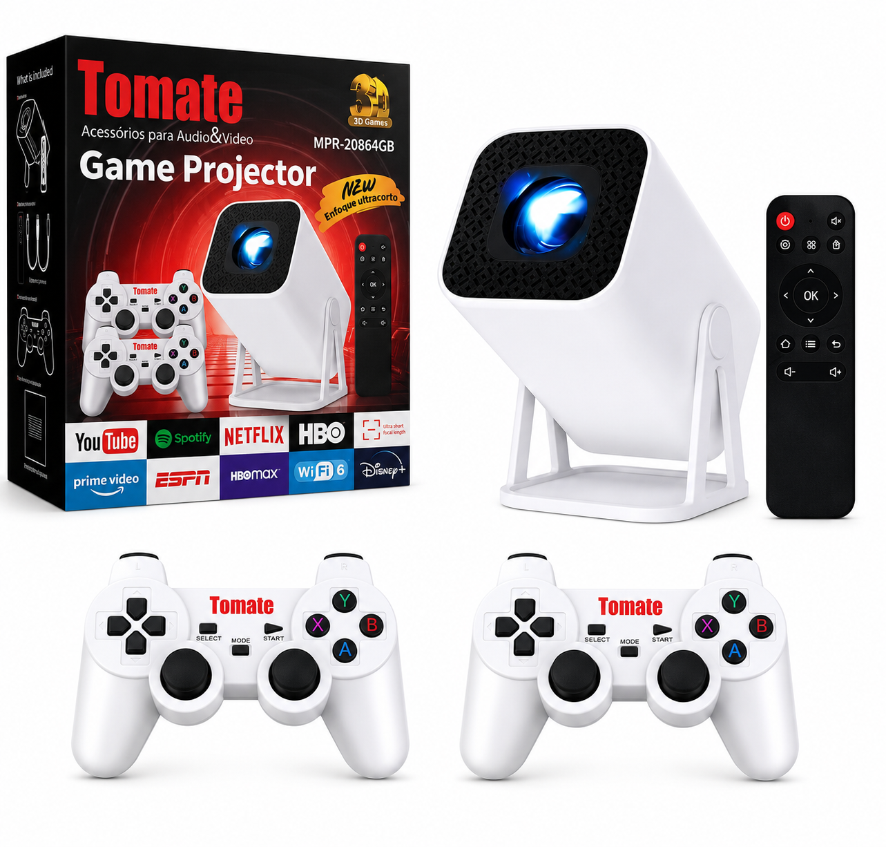 Proyector Android 4K Tomate MPR-20864GB + 2 Joysticks | WiFi 6 | 180° | Enfoque Ultracorto