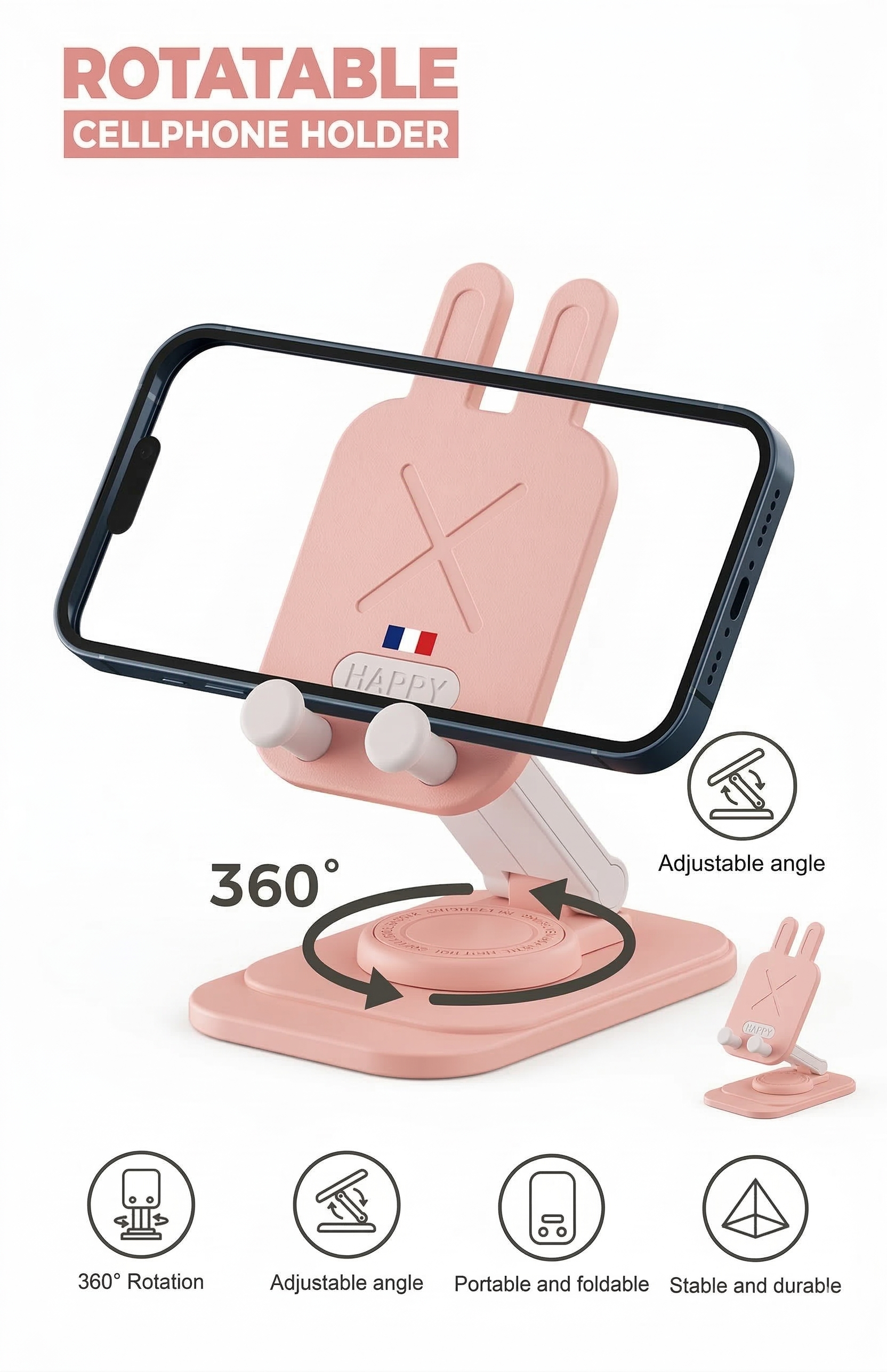 Soporte de Escritorio Rotativo 360° plastico para Celular - Diseño Conejito 