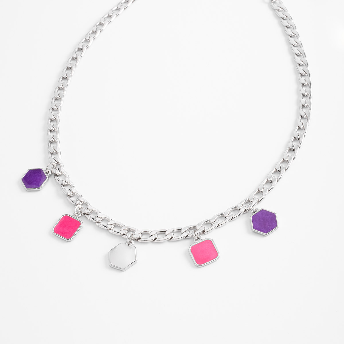 Rhodium plated necklace with geometric fuchsia and purple charms