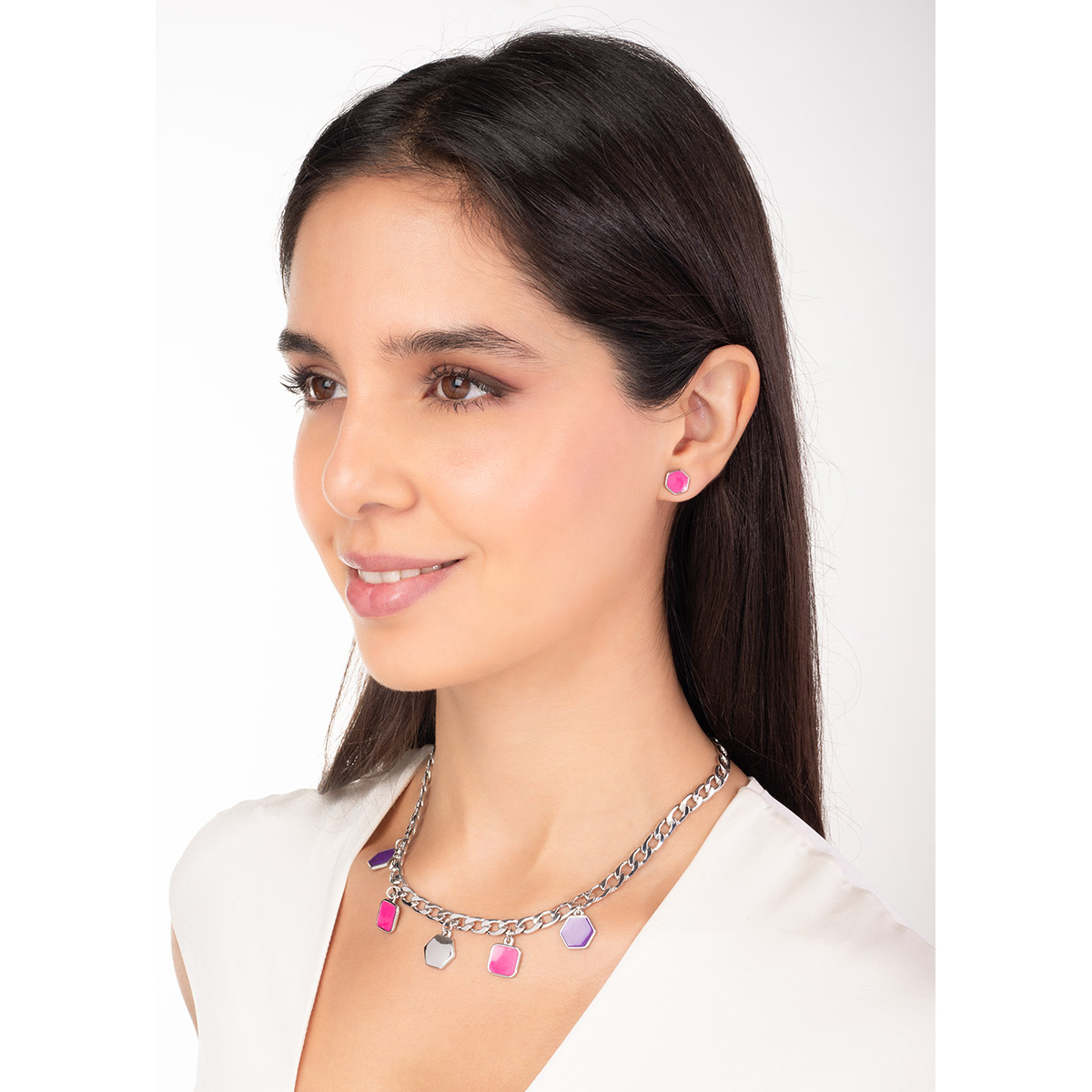 Rhodium plated necklace with geometric fuchsia and purple charms