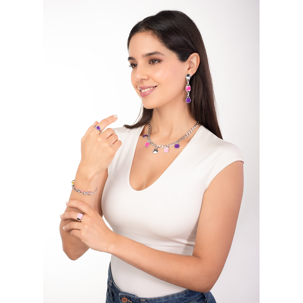 Rhodium plated necklace with geometric fuchsia and purple charms