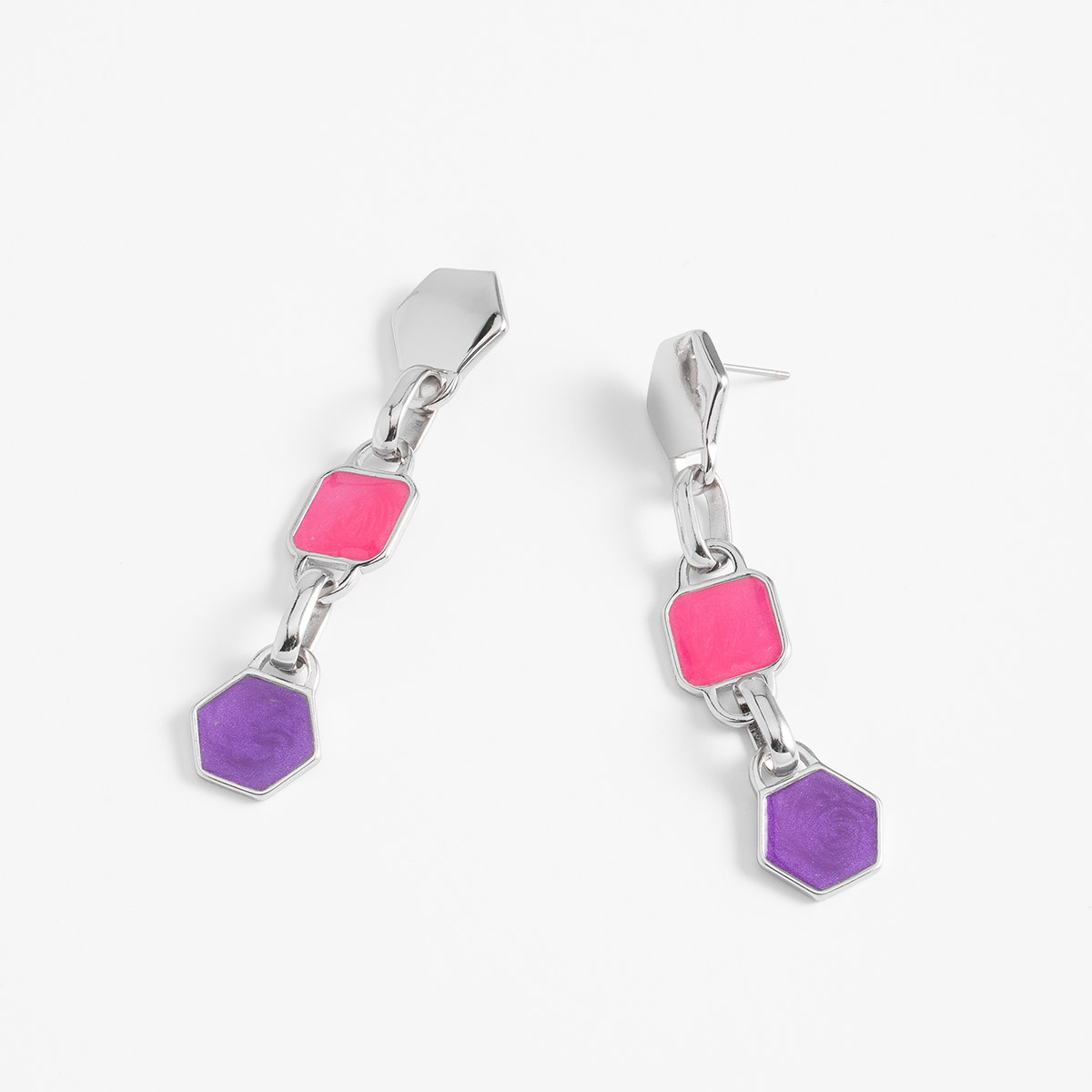 Rhodium plated earrings with geometric fuchsia and purple links