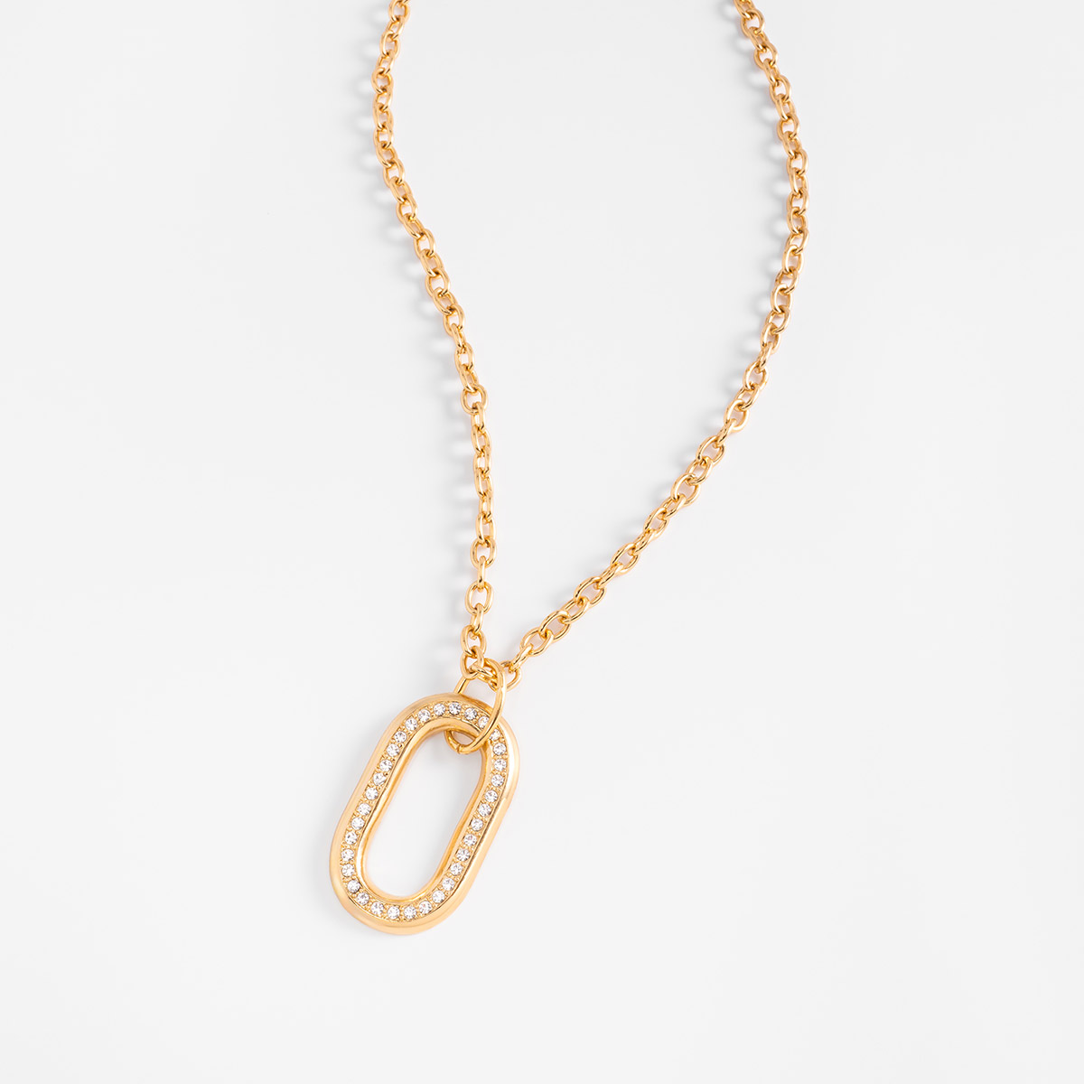 Gold plated necklace with oval pendant and brilliant accent