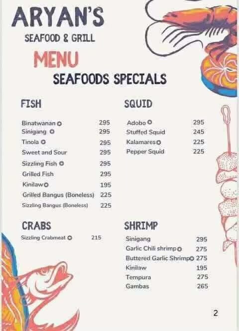 Aryan's Seafood Grill Menu