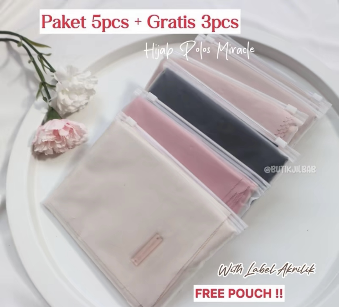 Hijab Voal Polos Miracle Paket 5pcs + Gratis 3pcs