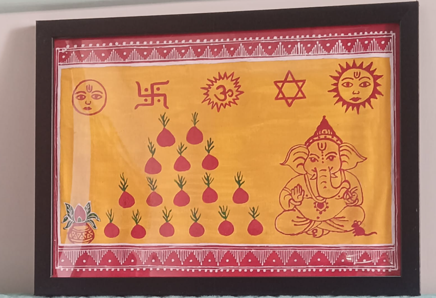 Framed Ganesh Pooja Poster | Hand-Painted Auspicious Symbols Frame