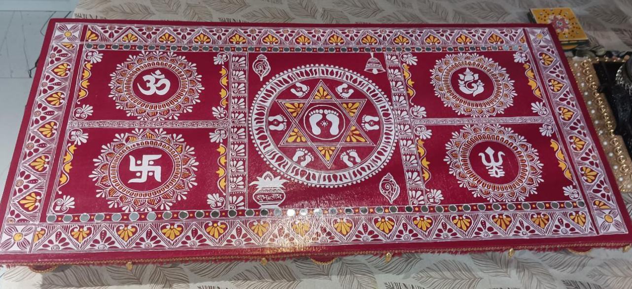 Traditional Pooja Aasan Mat /Chowki | wooden patla or bajot | | Traditional Bajot for Mandir | 37*18" inch, with 4 sided lace and mirror decoration