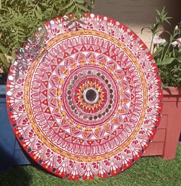 12 Inch Hand-Painted MDF Wall Decor | aipan decor | Mandala Art Plate with Mirror Work