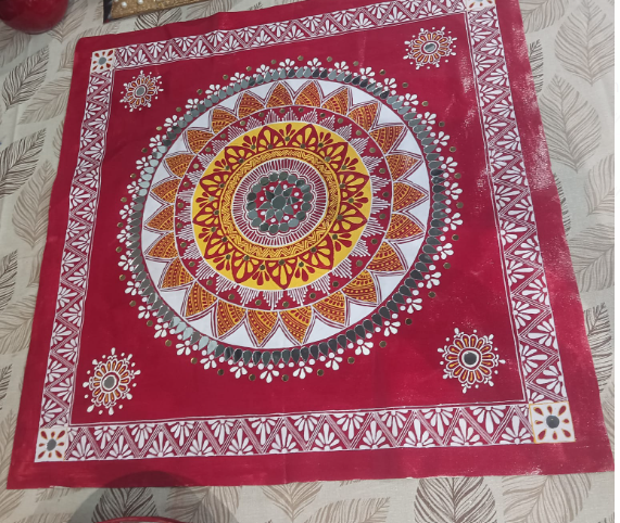 Hand-Painted Aipan Mandala Canvas (20x20 inches) without frame| Handmade Mandala Art Cloth with mirror work